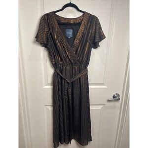 ModCloth Womens Large Metallic Bronze Gold Sheen Tie Waist Dress Midi Party Glam
